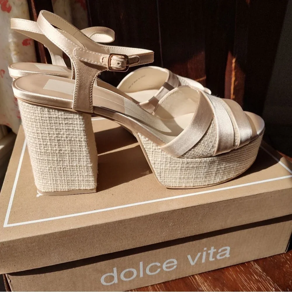 Dolce Vita Bailey Cream Satin Platform Sandals Raffia Block Heel Ankle Strap10